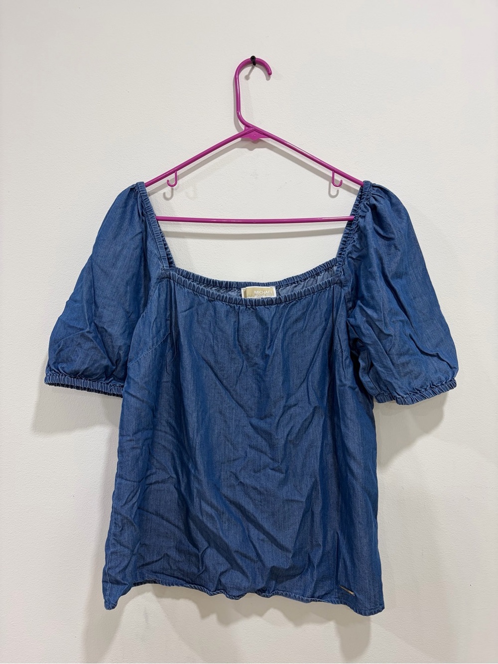 Michael Kors Blue Denim Puff-Sleeve Square Neck Top